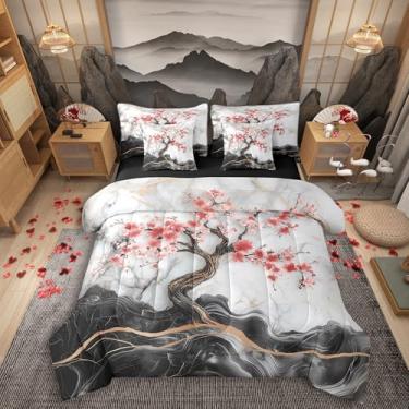 Imagem de Conjunto de cama Queen com flor de cerejeira, 7 peças, conjunto de edredom artístico com textura de mármore preto e branco para crianças, estilo japonês, rosa e vermelho, conjunto de cama romântico em