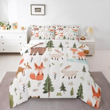 Imagem de Feelyou Conjunto de edredom solteiro com desenho animado, urso zoológico, raposa, coelho, natureza, decoração de quarto, 2 peças, 1 edredom + 1 fronha