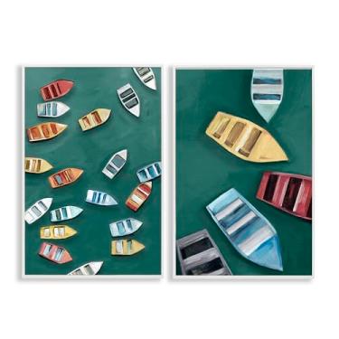 Imagem de Stupell Industries Conjunto de arte giclée emoldurado branco de 2 peças de barcos a remo coloridos à deriva, design de Hannah Dawson, 61 x 40 cm
