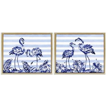 Imagem de Stupell Industries Conjunto de tela flutuante com moldura dourada de 2 peças de flamingos e listras pinceladas, design de Paul Brent, 43 x 53 cm