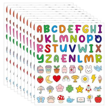 Imagem de Adesivos coloridos do alfabeto com desenhos fofos de desenhos animados, 10 folhas de letras de vinil e adesivos decorativos para crianças, garrafas de água, lancheiras, telefones, tablets e diários