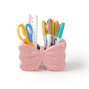 Imagem de Zaposcca Suporte de lápis de laço, suporte de caneta de cerâmica, lindo suporte de caneta para mesa, suporte de pincel de maquiagem, para escola, casa, decoração de mesa de escritório (rosa)