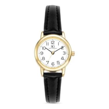 Imagem de Saint Germain Relógio Feminino Clássico, Pulseira em Couro Preto, Caixa Dourada