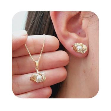 Imagem de Conjunto Brinco E Colar Perola Folheado A Ouro - FAMA FOLHEADOS