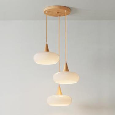 Imagem de Luminária pendente de 3 luzes, vidro, candelabro com detalhes em madeira, luminária de teto, iluminação pendente nórdica de madeira para cozinha, ilha, sala de jantar