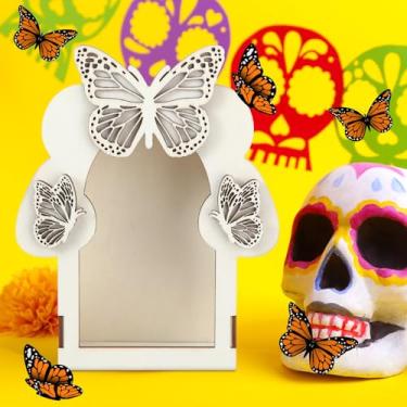 Imagem de Pinkunn Caixa grande Dia De Los Muertos Altar Ofrenda, autopintura colorida de álamo compensado borboleta papel picado o dia dos mortos suprimentos para decorações Dia De Los Muertos