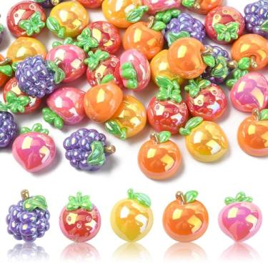 Imagem de Stiesy Conjunto de pingentes de geleca de resina Furit, 40 peças, revestimento UV iridescente, maçã, uva, morango, pêssego, manga, cabochão de contas planas fofas para artesanato faça você mesmo