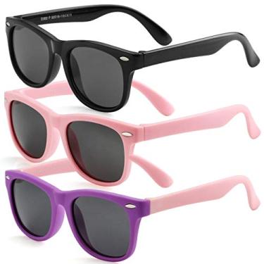 Imagem de Kursan Óculos de sol infantis polarizados para meninos e meninas TPEE armação flexível de borracha para crianças de 3 a 12 anos, Moldura 001 preta brilhante + rosa + roxa (pacote com 3)