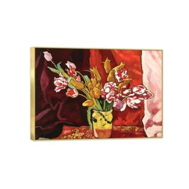 Imagem de BMZFYBS Arte de parede em tela de flores reprodução de pintura famosa - imagens de moldura dourada para sala de estar - vaso de buquê - pôster e impressões 50 x 70 cm 20 x 27 pol