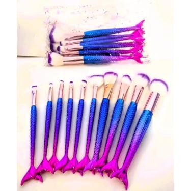 Imagem de Kit de Pincéis para Maquiagem Sereia, 10 Peças (Azul com Rosa)