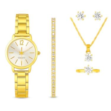 Imagem de Kit Relógio Feminino Dourado Social Quartzo Luxo com Colar, Brincos, Anel e Pulseira Elegante – Conjunto de Joias Completo para Presente Rose Dourado (DOURADO)