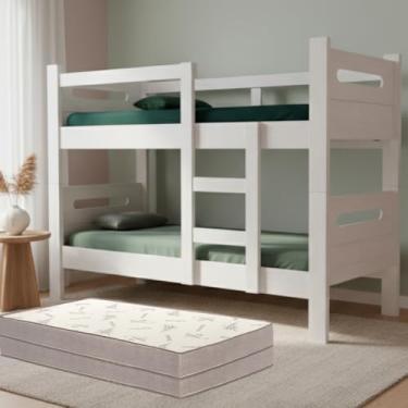 Imagem de Beliche Compacta Solteiro Vira Duas Camas Design Moderno Estrutura Robusta Em MDF Com Colchão D33 (Branco)