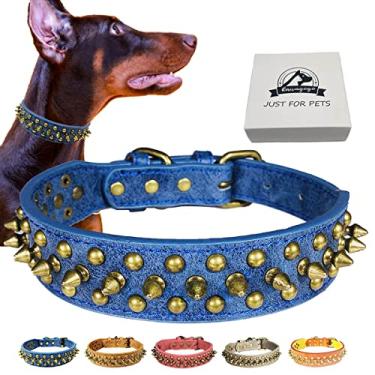 Imagem de Coleira para cães Bully cravejada coleira antimordida couro PU para cães médios grandes Pit Bull Mastim Bully Boxer Collar (G, azul)