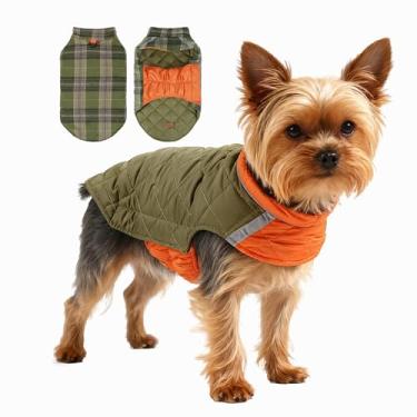 Imagem de Casaco acolchoado de inverno para cães, colete reversível forrado com xadrez, faixa de segurança refletiva, roupa para animais de estimação para clima frio, verde militar, M