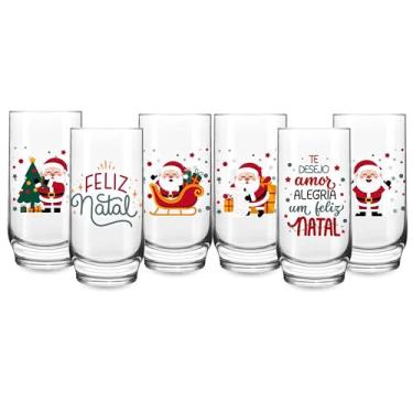 Imagem de Jogo 6 Copos Altos 300ml Vidro Especial Frase Feliz Natal Mesa Posta Decorativa Agua Suco