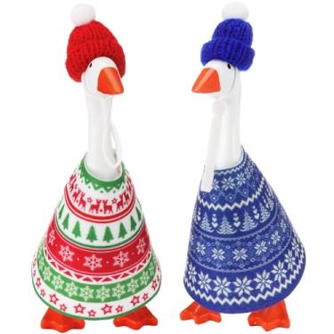 Imagem de Weysat 2 conjuntos de mini roupa de ganso de mesa de Natal 17,8 cm estátua magnética de ganso bobo de Papai Noel fantasia de boneco de neve com chapéus e roupas de feltro para decoração de chave de
