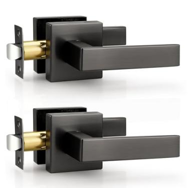 Imagem de Probrico Pacote com 2 maçanetas de porta de passagem, preto, sem trava, quadradas, interiores cinzentos, para corredor de armário