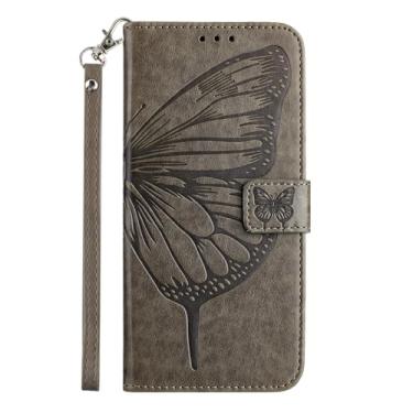 Imagem de Capa carteira para Google Pixel 9 Pro XL, capa flip de couro de borboleta e flor em relevo com suporte para cartão, com alça de pulso capa protetora para iPhone 16 (cinza)