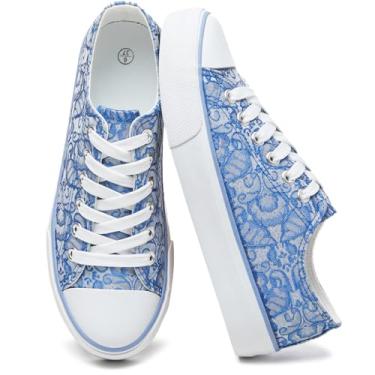 Imagem de yageyan Tênis feminino branco de lona cano baixo tênis feminino moderno para caminhada casual lona confortável, Azul, 37