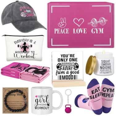 Imagem de Coume Conjunto de 11 presentes de academia para mulheres, presente de fitness, treinador, body building, chaveiro, copo, meias, toalhas, boné, vela, pulseira, bolsa de cosméticos para amigos