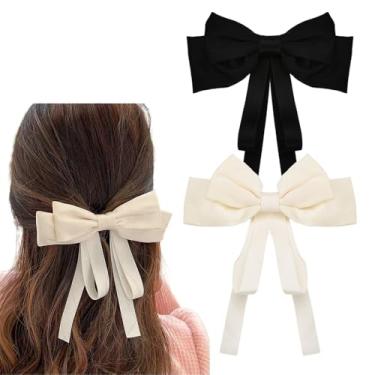 Imagem de Laços de cabelo de cetim para mulheres, preto, branco, sedoso para fita de cabelo com cauda longa, lindos clipes de laço em camadas, presilhas de cabelo, suportes de rabo de cavalo, prendedor de laço