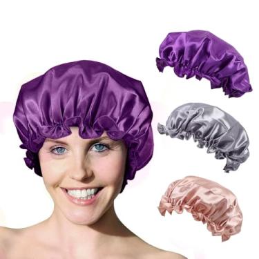 Imagem de Toucas de banho para mulheres, 3 peças de toucas de banho elásticas e reutilizáveis, touca de banho de camada dupla à prova d'água, chapéu de banho de cabelo de proteção ambiental - cor sólida