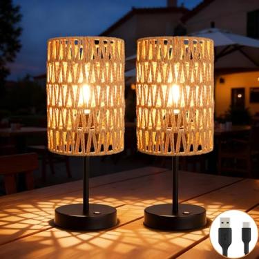 Imagem de ALL FORTUNE Candeeiros de mesa recarregáveis para uso externo, candeeiros de mesa pequenos sem fio Boho de rattan, luminária de pátio para sala de estar, varanda, decoração de cabeceira - conjunto de