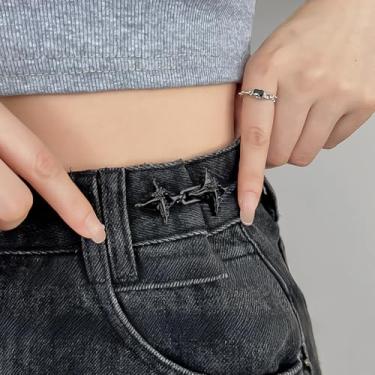 Imagem de Fecho de cintura ajustável com botão estrela, sem costura e sem ferramentas, fivelas decorativas destacáveis, botões de jeans para roupas soltas, vestidos e saias (preto)