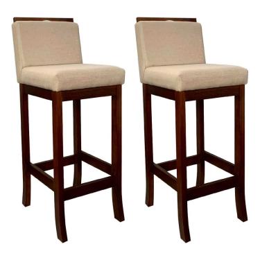 Imagem de Kit 2 Banquetas Alta com Encosto Turim Madeira Castanho Linho Bege CCS