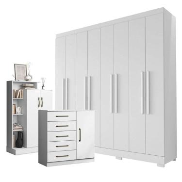 Imagem de Guarda Roupa Casal Porto 8 Portas 4 Gavetas com Cômoda Sapateira Milão e Armario Multiuso 4 portas Branco Brilho - Aramóveis