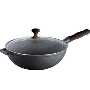 Imagem de Panela Wok Ferro Fundido Tampa Vidro Preta 28Cm