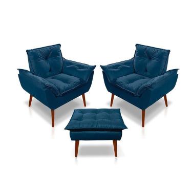 Imagem de Kit C-2 Poltronas Opala + 01 Puff Opala Elegante Suede Azul Marinho