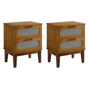 Imagem de Kit 2 Mesas de Cabeceira Retrô 2 Gavetas Santorini 45 Cm com Tela Indiana Nature