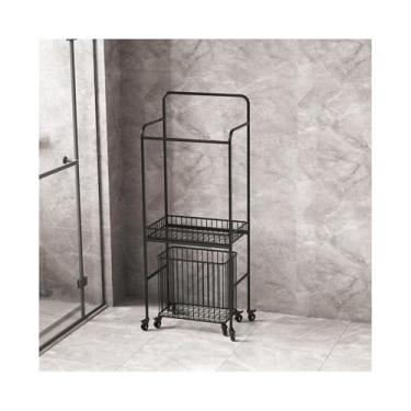 Imagem de porta-toalhas Luz de luxo móvel rack armazenamento do banheiro piso hotel toalha banho com rodas cesta roupas sujas(Preto)