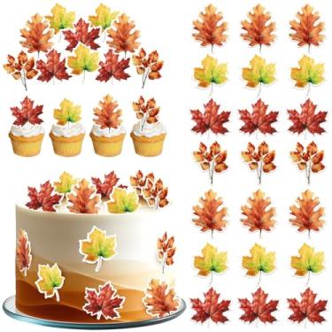 Imagem de 50 Pack Edible Fall Leaves Cupcake Toppers Maple Leaves Cake Toppers Edible Gold Leaf Cupcake Toppers Wafer Paper Fall Leaf Cupcake Decorations for Autumn Thanksgiving Party Baby Shower