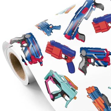 Imagem de WRAPAHOLIC Rolo de papel de embrulho para armas - Mini rolo - 43 cm x 24 cm - papel de embrulho de brinquedos de arma de desenho animado, perfeito para aniversário de meninos, chá de bebê, amantes de