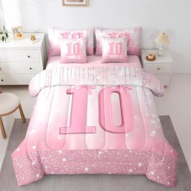 Imagem de Feelyou Conjunto de edredom solteiro com laço rosa, número 10, 7 peças, para crianças, meninos, meninas, 7 peças, para decoração de quarto de aniversário, microfibra leve e macia