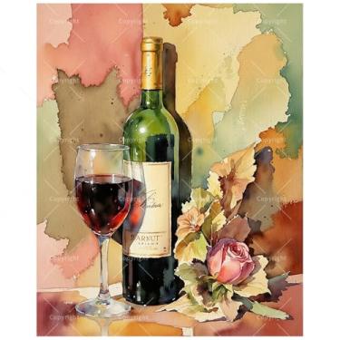 Imagem de Kit de pintura de arte de vinho e flor por números para adultos – Garrafa de vinho DIY e pintura de vidro colorido em tela, 30 x 40 cm, conjunto de tinta acrílica emoldurada, adequado para iniciantes
