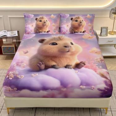 Imagem de AILONEN Jogo de lençol casal com desenho animado de capivara, borboleta, nuvem sonhadora, para crianças, 3D Kawaii capivara roedor, lençol com bolso profundo e 2 fronhas, 3 peças