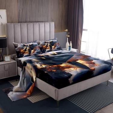 Imagem de Castle Fairy Jogo de lençol casal com estampa 3D de avião militar com tema de guerra, para crianças, meninos, adolescentes e adultos, lençol com elástico alto para quarto e sala de estar