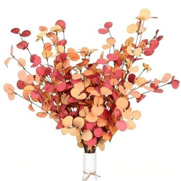 Imagem de ICEANAQ 5 peças de hastes artificiais de eucalipto com folhas de toque real para festa de casamento, decoração de casa, 58 cm de altura com folhas falsas (vermelho + laranja)