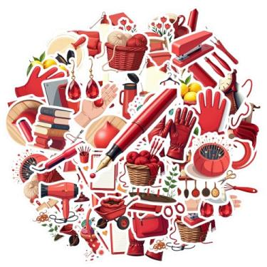 Imagem de 50 peças itens vermelhos objetos diários decoração de casa adesivos de PVC adesivos vermelhos brinquedo para laptop, bagagem, álbum de recortes, diário, adesivo, faça você mesmo, telefone, laptop