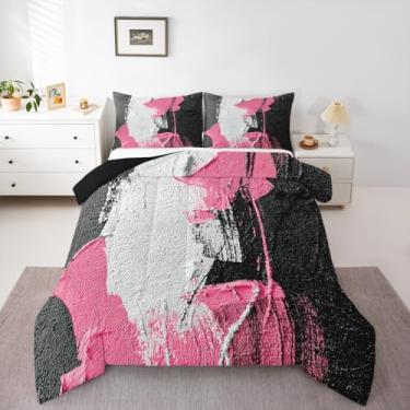 Imagem de Feelyou Conjunto de edredom abstrato para adultos, tamanho Queen, simples, moderno, arte geométrica, para crianças, meninos, meninas, cinza, branco, preto, rosa, edredom para decoração de quarto de
