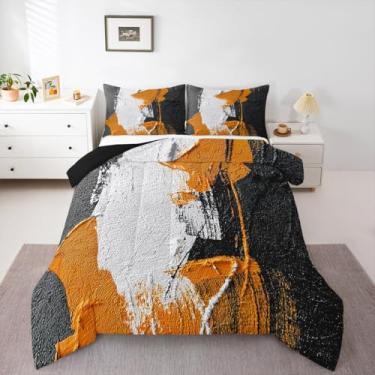 Imagem de Feelyou Conjunto de edredom infantil abstrato, simples, moderno, geométrico, para meninos, meninas, adolescentes, cinza, branco, preto, laranja, decoração de quarto