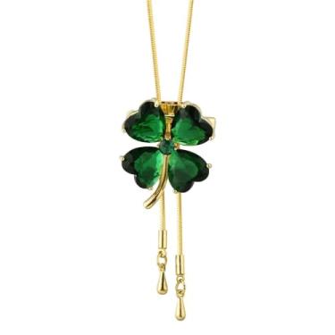 Imagem de Kokoma Colar de trevo de quatro folhas verde para mulheres zircônia cúbica corrente de elo floral da sorte broche acessório de joia delicada para terno suéter pano