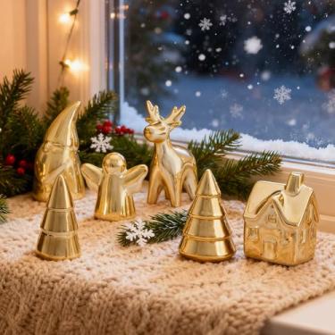 Imagem de WDS WONDROUS Conjunto de estatuetas de Natal, 6 peças de cidade dourada de Natal com Papai Noel, rena, anjo, casa, árvores, decoração de vila de Natal DIY para bandeja em camadas, cornija, centro de