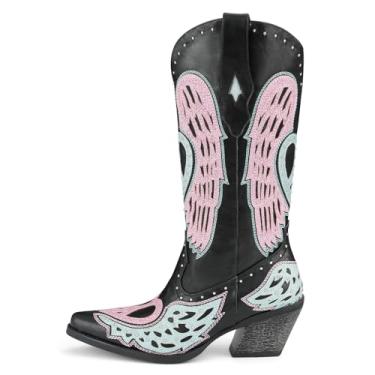 Imagem de Perisis Botas de caubói de panturrilha larga, botas de cowboy ocidentais, retrô, clássicas, bordadas, botas country bordadas, bico fino, salto grosso, vintage, botas de cano alto com strass brilhante