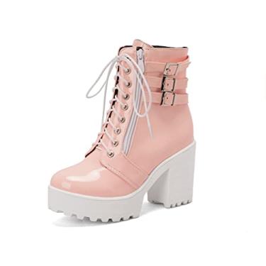 Imagem de MFairy Botas femininas de couro envernizado com plataforma e salto grosso, fivela no tornozelo, rosa, 37