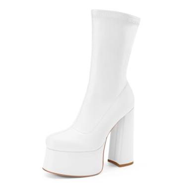 Imagem de Perisis Bota feminina de cano curto com plataforma GoGo, salto alto, redondo, com zíper, de couro, cano médio, para festa rave, Poliuretano branco, 36