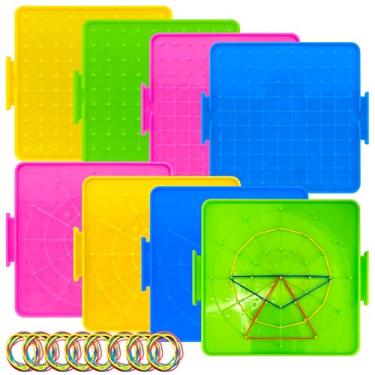 Imagem de Oopsu 8 Pack Plastic Mathematical Manipulative Material Array Block Geo Board with 80 Latex Bands for Kids(4 Colors)